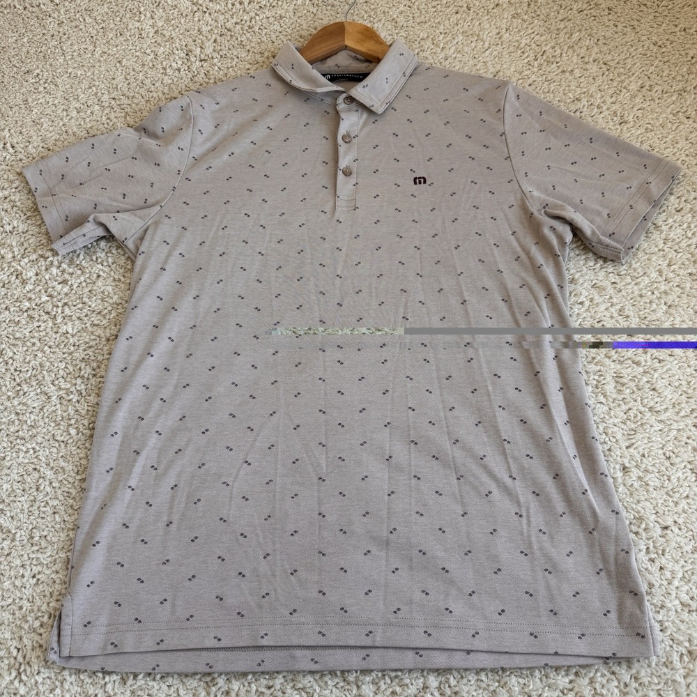 TravisMathew Polo Shirt Mens Large Tan Geometric Print Short Sleeve Excellent